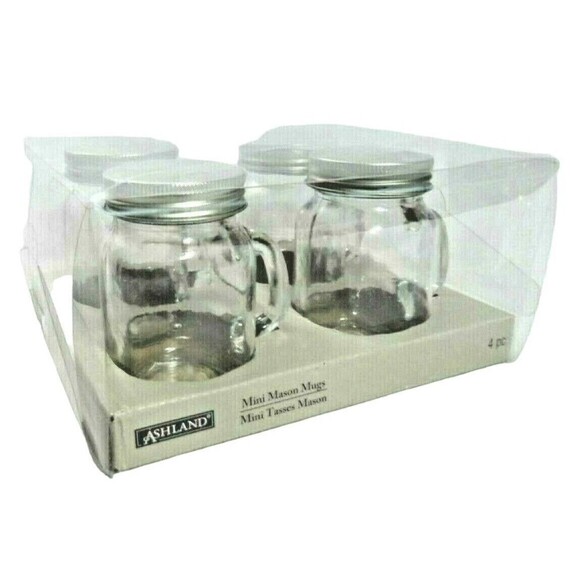 Ashland Mini Mason Jar Mugs Glass Storage Containers Silver Lid Spice Crafts 4pc - Picture 1 of 2